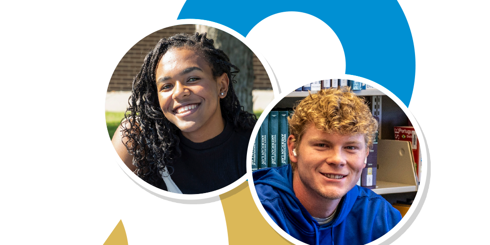 Barton students smile with geometric print background