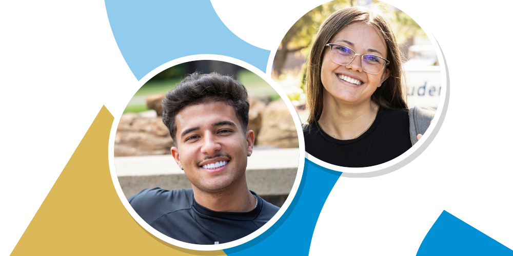 Students smile with blue and gold geometric pattern